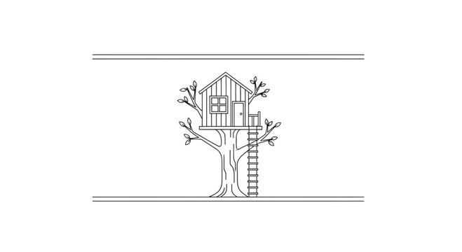 Hand-drawn treehouse with ladder, simple line art, childhood fantasy, outdoor adventure