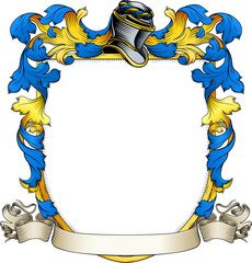 Obraz premium A coat of arms or crest family heraldry medieval heraldic knight shield with helmet and acanthus filigree scroll ornament in a vintage woodcut style.