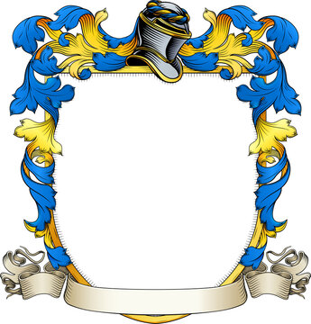 A coat of arms or crest family heraldry medieval heraldic knight shield with helmet and acanthus filigree scroll ornament in a vintage woodcut style.