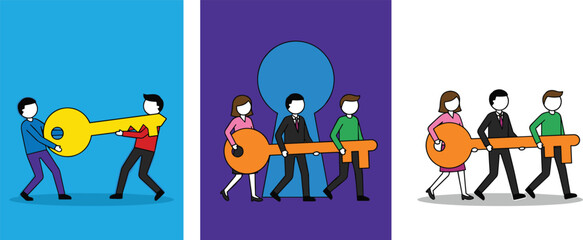 Fototapeta premium Business Team Carrying Giant Key Together Collection for Teamwork, Partnership, Success, Leadership, and Corporate Collaboration Illustration Designs