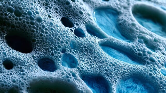 Thick white soap bubbles floating atop a swirling deep blue liquid surface create a high-contrast organic pattern in a studio-lit abstract chemical composition