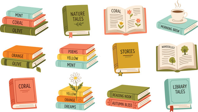 
Cute Colorful Book and Reading Collection with Stacked and Open Books for Library, Education, Literature, and Bookstore Illustration Designs