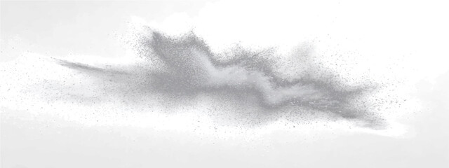 Obraz premium Abstract dynamic particle explosion captured mid-air, fine grey dust dispersing, creating ethereal wisps against minimalist backdrop.