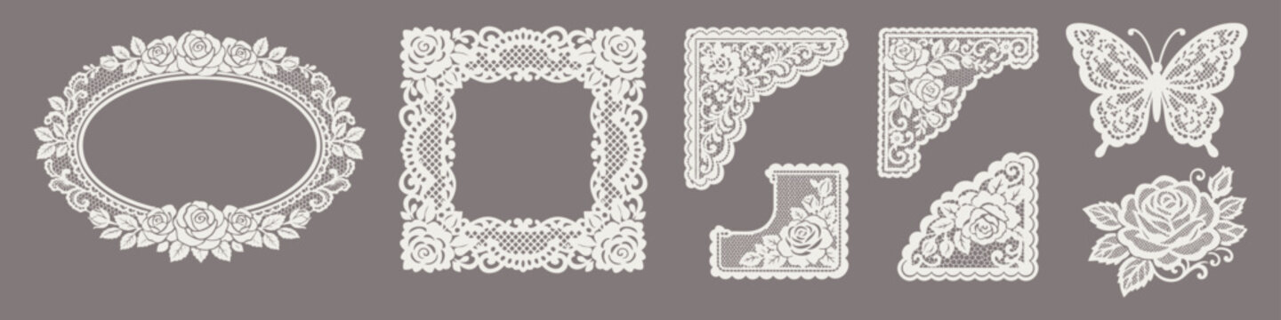 Vintage lace flower frame and butterfly papercut ornament collection with elegant decorative design