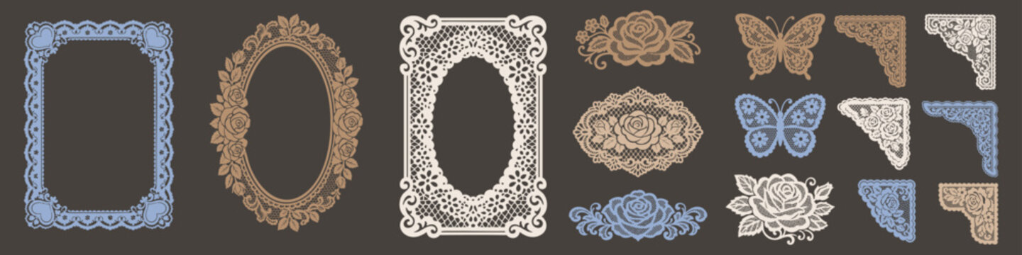 Vintage lace frames butterflies and floral corner ornaments in elegant decorative papercut style