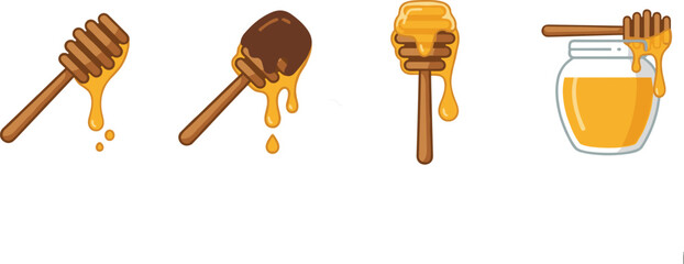Golden Honey Dipper and Jar Collection with Dripping Syrup Icons for Food, Organic, Natural Product, and Sweet Packaging Illustration Designs © MdSazib