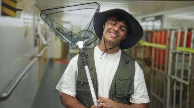 Young hispanic man in a wide brim hat and fishing vest holds a landing net and smiles with closed eyes in a ship corridor; joy adventure.
