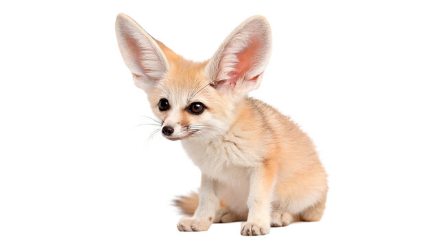 Cute small desert fennec fox sitting and looking sideways with iconic large ears and fluffy fur coat on transparent background
