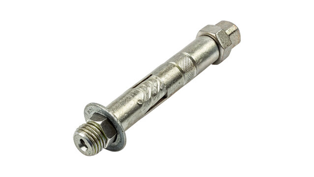 Heavy metallic silver steel sleeve anchor bolt or expansion rawlplug for heavy construction concrete fastening on transparent background