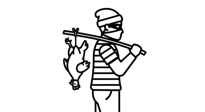 Thief carrying stolen chicken on shoulder, cartoon style