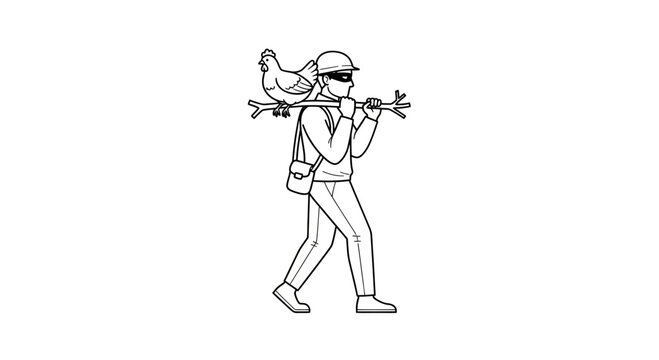 Thief carrying stolen chicken on stick over shoulder, masked, with bag
