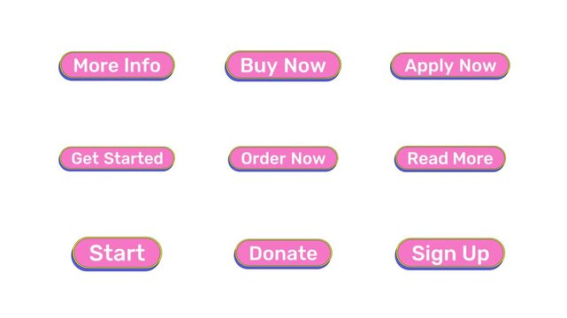 Cute pink action buttons animation set with click reaction. Order and buy now on website. Sign up online. Get started. Rounded cartoon micro interactions UI. Animated kawaii CTA elements collection