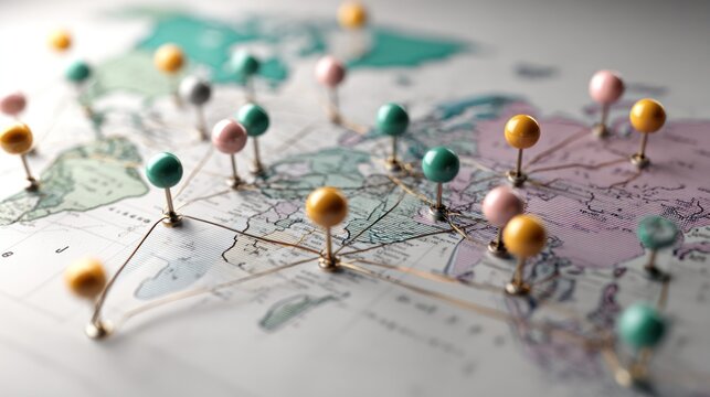 Global Connections Map: A world map is dotted with colorful pushpins connected by strings, illustrating global connectivity and travel routes.