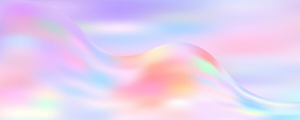 Holographic 3D background with flowing pink and purple gradient waves, abstract glass ribbons creating mesmerizing liquid patterns with pearlescent rainbow shimmer and pastel aurora. © Narin