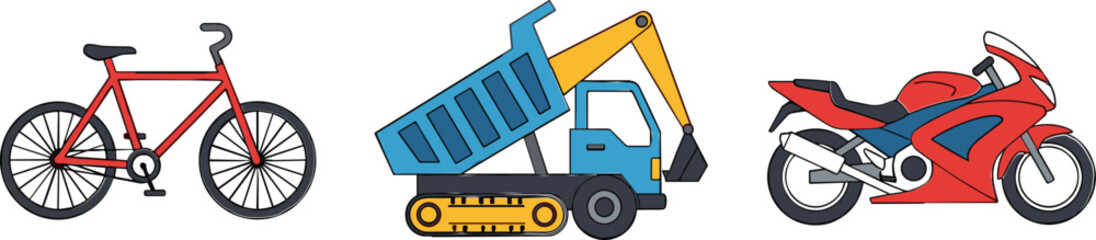 Transportation Vehicles Collection Featuring Bicycle, Dump Truck, and Motorcycle for Auto, Construction, and Travel Designs © Galib