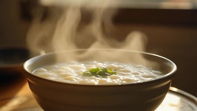 Steaming Bowl of Congee with Fresh Garnish