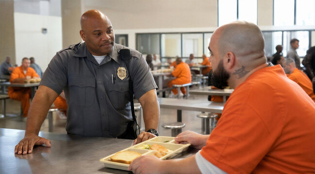 Prison Guard Talking to Inmate in Correctional Facility Cafeteria