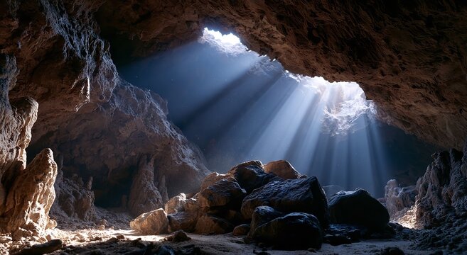 Jagged rock formations are illuminated by intense beams of natural light piercing through a ceiling fissure in this deep subterranean mountain cave environment
