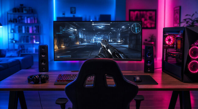 Gaming Room Setup with PC Rig and FPS Game on Widescreen Monitor