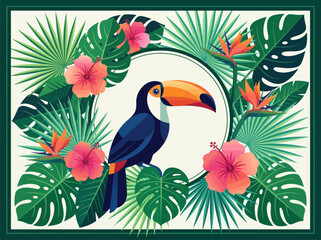 Fototapeta premium Vibrant Tropical Toucan Illustration with Exotic Hibiscus Flowers and Monstera Leaves in a Modern Flat Design Style