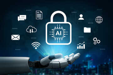 Fototapeta premium A robotic hand showcases an AI security lock icon amidst various digital technology symbols, representing the fusion of security and technological innovation in modern society. Gantry