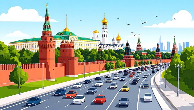 Moscow cityscape with Kremlin buildings highway.