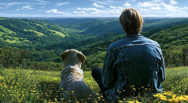 A young person wearing a casual denim jacket sits on a grassy hill beside a loyal dog while observing a vast green landscape under a bright blue sky