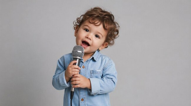 Toddler Boy Singing Into Microphone on Neutral Background