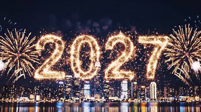 Bright fireworks exploding over a city skyline at night for New year 2027. Celebration of the upcoming year with pyrotechnic displays lighting up the urban area.