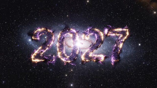 Glowing 2027 numbers emerging from magical nebula in deep space. Cosmic New year animation. Sparkling text formation amidst stars, dust, and radiant purple light.