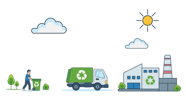 Waste sorting and recycling process infographic vector illustration. Garbage types recycling stages set: organic, plastic, glass, metal, and paper waste management in flat style.
