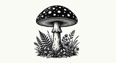 Obraz premium Fly agaric mushroom illustration with ferns and wildflowers