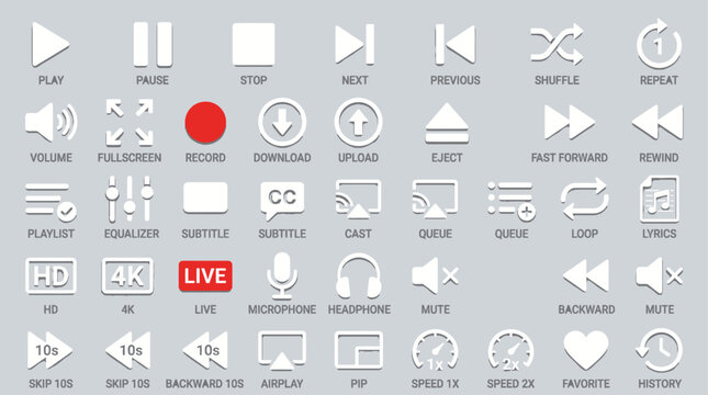 Collection of 40+ clean white media player control icons on light gray background. Includes play, pause, stop, next, previous, shuffle, repeat, volume, record, fullscreen, download, upload, subtitle, 