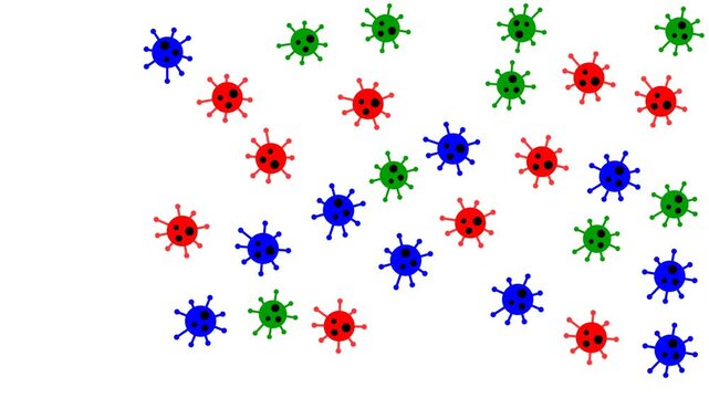 Hantavirus particles moving across a white background.Medical animation showing red blue and green hantavirus cells with spikes drifting and vibrating in a white space representing a microscopic 