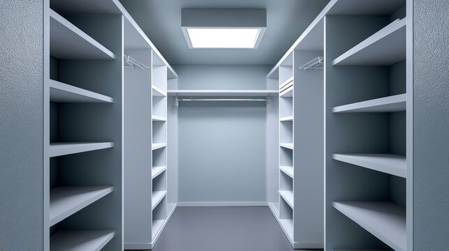 A modern empty walk-in closet features symmetrical white storage shelves and hanging rods illuminated by a singular square overhead light in a minimalist room
