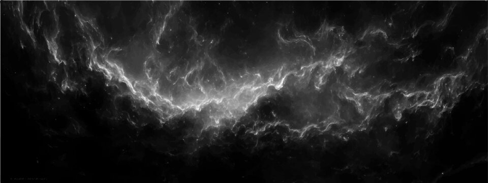 Abstract nebula swirl in monochrome palette, cosmic dust cloud, stellar formation, vast universe exploration.