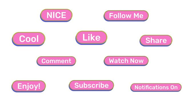 Social media engagement cute pink buttons animation set with click action. Streaming platform reactions. Like comment. Rounded cartoon micro interactions UI. Animated kawaii CTA elements collection
