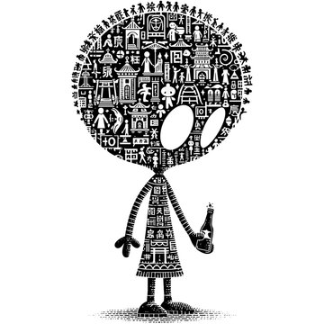 Unique alien character design using symbols and various shapes to tell a story in black and white vector graphic on a transparent background