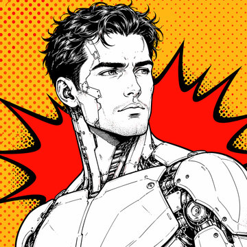 Robot man in comic style art with vibrant background showing bold colors and dynamic design vector graphic pop art