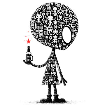 Abstract alien character holding a drink next to different symbols in black and white art vector graphic on a transparent background