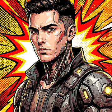 Heroic robot character with a futuristic look in action pose against a bright background vector graphic pop art
