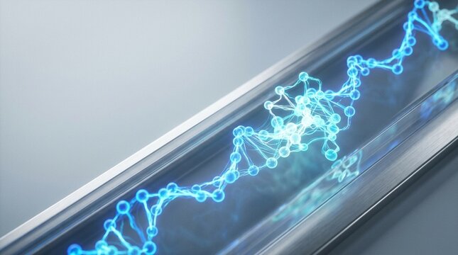 Blue glowing molecular structure with DNA helix pattern inside a sleek metallic container