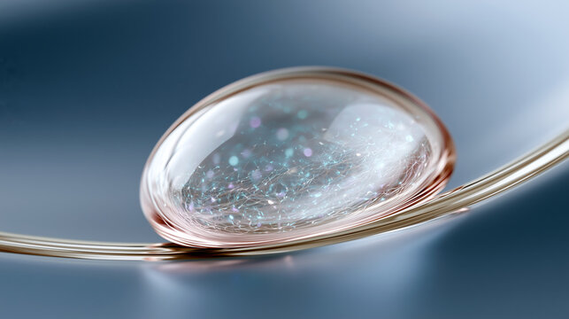 Futuristic bioprinted cornea implant with transparent collagen structure and glowing cell network on metallic surgical tool. Next-generation regenerative ophthalmology and vision restoration concept.