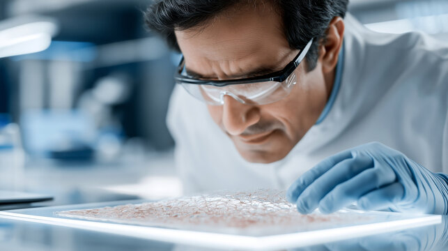 South Asian bioengineer in safety glasses and gloves closely examining bioprinted artificial skin tissue sample on tray. Advanced synthetic skin development for human transplantation research.