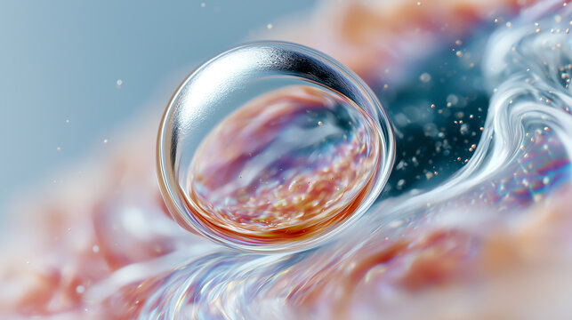 Synthetic corneal lens implant with iridescent transparent structure resting on organic tissue surface. Futuristic bioengineered eye implant concept for regenerative ophthalmology, vision restoration.