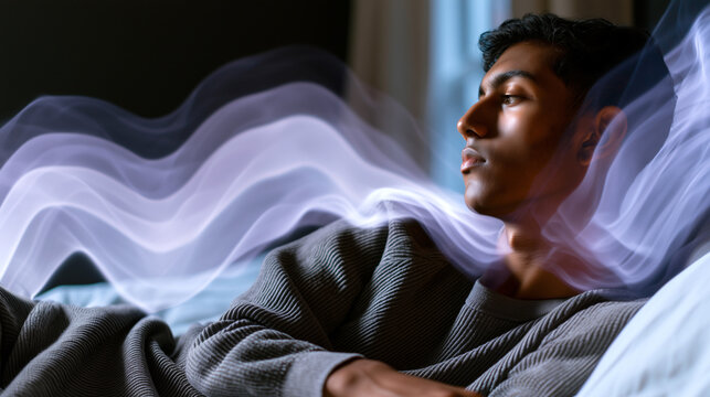 South Asian teenage boy lying awake in bed surrounded by soft wavy blue-purple light aura. Cinematic concept of insomnia, night anxiety, sleep disorder and melatonin disruption among youth.