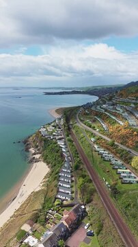 Aerial view over the railway line looking towards Burntisland, Scotland.