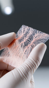 Gloved scientist holds translucent artificial skin patch with visible vascular network. Bioengineered tissue for wound transplantation, regeneration, and reconstructive medicine.