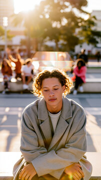 Pensive mixed-race teenage boy sitting alone in sunny urban square, looking down while peers socialize behind him in golden sunlight. Cinematic portrait of loneliness, social anxiety and exclusion.