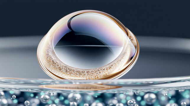 Semi-transparent synthetic corneal implant with visible collagen fiber network rising from bubbling saline solution. Detailed bioprinted eye tissue for regenerative ophthalmology, vision restoration.